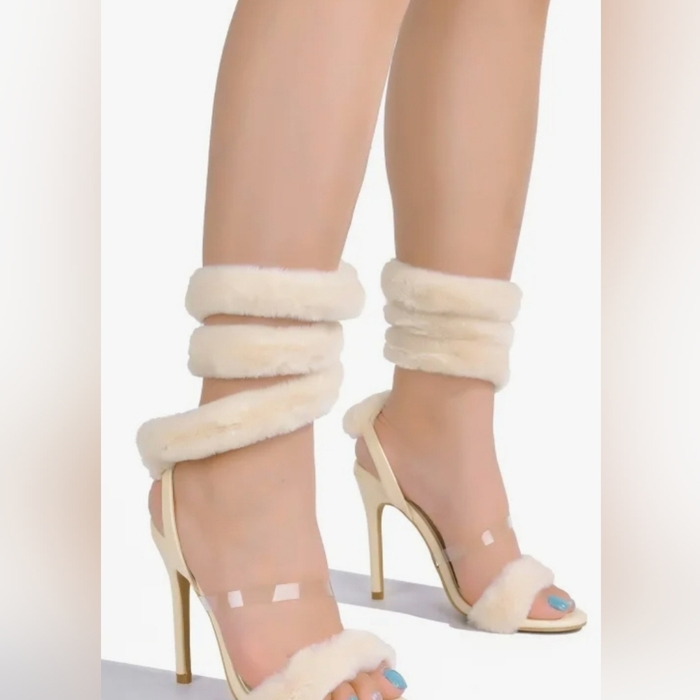 Cape Robbin Fur Wrap Around Leg Lamborghini Heels Cream Size 10